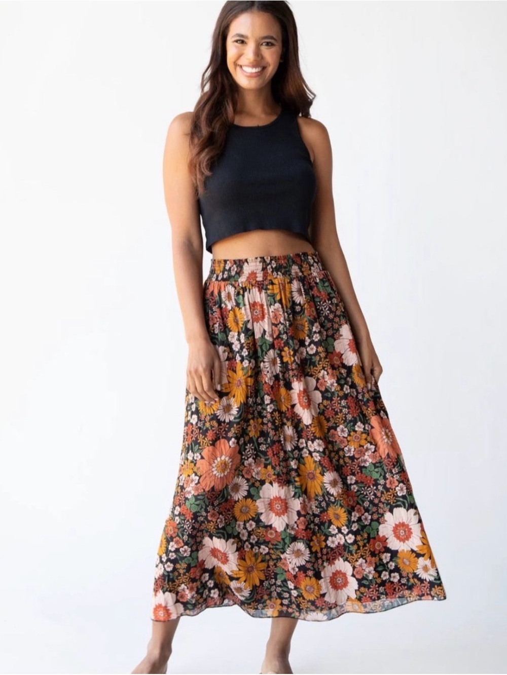 NWT Natural Life Floral Smocked Midi Skirt - Black / Orange / Rust XL New!